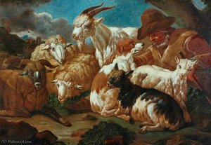 Shepherd With Dog, Goats And Sheep — Philipp Peter Roos