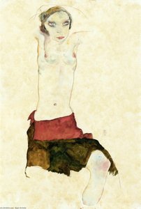 Semi Nude With Colored Skirt And Raised Arms — Egon Schiele
