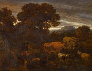 Wooded Landscape With A Shepherd And His Cattle Fording A Stream — Nicolaes Pieterszoon Berchem