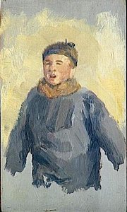 JEUNE GARCON EN VAREUSE, BONNET ET COL DE FOURRURE, A MI CORPS