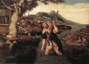 Hilly River Landscape With St Christopher — Jan Mostaert, Renaissance Landscape