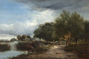 A River Landscape With A Stormy Sky And Figures — Arthur Gilbert
