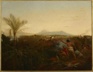 View Of Mt Egmont, Taranaki, New Zealand, Taken From New Plymouth, With Maoris Driving Off Settle — Alfred William Strutt, Victorian Realism