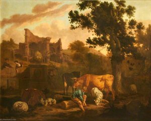 Landscape With Ruins, A Tomb, Herdsfolk, Sheep And Goats — Dirck Van Den Bergen