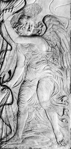 An angel drawing back a curtain