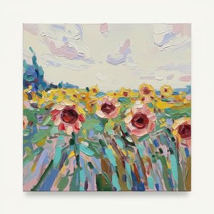Golden Solitude: An Impasto Study of Sunflowers Under a Serene Overcast Sky