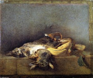 Two Rabbits with Game Bag and Powder Flask