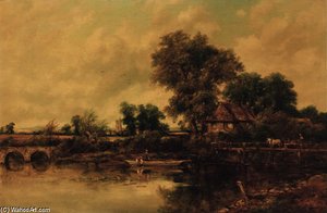 An Extensive Wooded River Landscape With Figures In A Punt And A Horse And Cart On A Bridge — Frederick Waters Watts