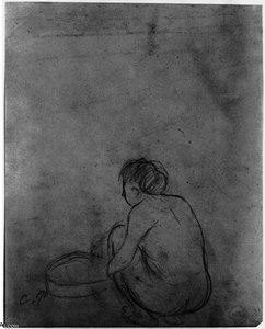 Crouching Nude Female Figure By Small Tub — Camille Pissarro