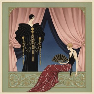Figures In Crimson And Gold Amidst Sculptural Black Drapery — Valentin Laurent De Courcey, Art Deco
