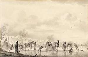 Winter Landscape With Skaters And Horse-drawn Sledges On The Ice, A Village Beyond — Andries Vermeulen