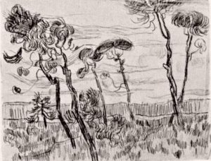 Pine Trees In Front Of The Wall Of The Asylum — Vincent Willem Van Gogh, Post-impressionism