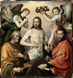 Resurrected Jesus Christ Surrounded By St. Peter And St. Paul — Anthonis Mor Van Dashorst, Northern Renaissance