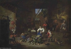 A Woman Selling Vegetables In A Barn With A Boy Feeding Chickens