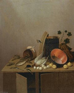 Still Life With A Dead Duck, Fish, Pears, Eggs, A Copper Pot And Other Objects, All Arranged On A Kitchen Cabinet — Gerrit Van Vucht