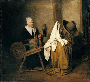 Interior With An Old Woman At A Spinning Wheel — Esaias Boursse