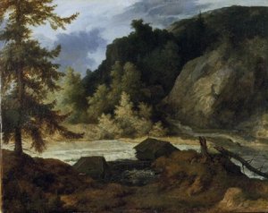 Paysage Rocheux Avec Deux Cabanes Au Bord D'un Torrent Dans Une Forêt — Allaert Van Everdingen