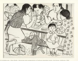 Receiving Room Assignments At Tanforan Assembly Center, San Bruno, California, 1942 — Miné Okubo