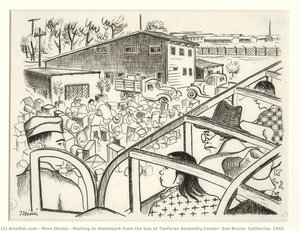 Waiting To Disembark From The Bus At Tanforan Assembly Center, San Bruno, California, 1942 — Miné Okubo, Social Realism