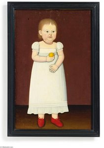 Full Length Portrait of a Young Child in Red Shoes, White Dress and Holding a Peach