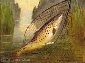 A Trout In A Net; And A Salmon On A Line — A. Roland Knight, Wildlife Painting