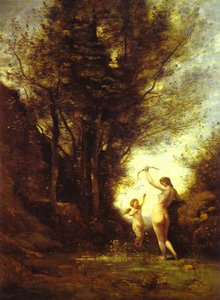 A Nymph Playing With Cupid — Jean-baptiste-camille Corot, Romantic Landscape Painting