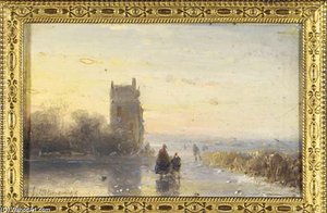 Skaters By A Tower — Andreas Schelfhout