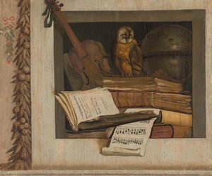 Still Life with Books, Sheet Music, Violin, Celestial Globe and an Owl, Jacob van Campen, 1645 - 1650