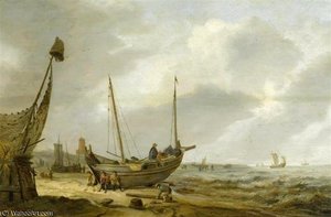 Coastal Landscape With Fishermen Near Their Boat On The Beach — Cornelius Decker