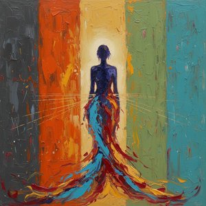 Ethereal Silhouette Amidst Cascading Pigment And Luminous Vertical Strata Of Light — Christian Noiret, Contemporary Abstract Painting