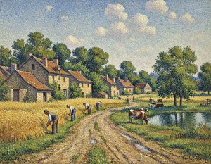 Golden Harvest Serenity: A Neo-Impressionist Pastoral Study