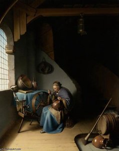 An Elderly Woman Seated By A Window At Her Spinning Wheel Eating Porridge — Gerrit Dou