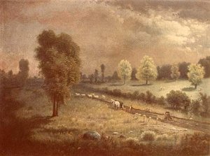 Man Ploughing Wooded Field With Storm Clouds, (painting) — William Woodruff Gibbs