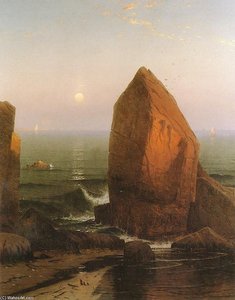 Sunset-moonrise, On Iron Round Island, Mr. Desert, Maine — Alfred Thompson Bricher