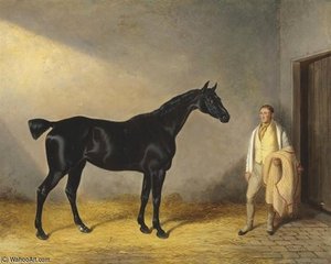 A Dark Bay Hunter With A Groom In A Stable — William Barraud