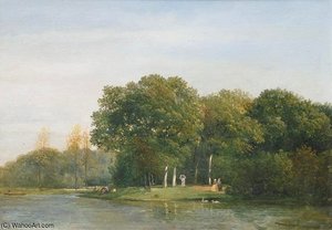 Wooded Waterside With Elegant Party — Julius Jacobus Van De Sande Bakhuyzen