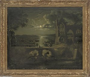 A Moonlit View Of A River With A Ruined Abbey In The Foreground And Figures On A Bridge — Abraham Pether, Romanticism