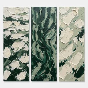 Ethereal Currents In Forest Green: A Monumental Triptych Of Organic Impasto Motion — Laurent Fabre, Neo-abstract Art (modern Abstract Compositions)