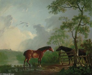 A Mare And Stallion In A Wooded Landscape, Beside A Lake — Sawrey Gilpin