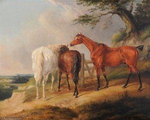 Horses Eating Hay Beside A Tree With Two Further Horses Galloping Beyond — William Barraud