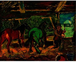 Red and green horses in a stable