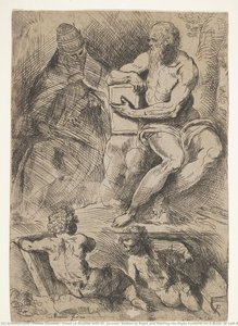Sheet Of Studies With St. Jerome, Seated At Right And Resting His Right Forearm On A Book, At Left An Ecclesiastical Figure Wearing A Cope And Miter, And At Bottom Two Putti — Jacopo Palma Il Giovane