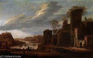 A River Landscape With Travellers Before A Ruin — Dirck Verhaert