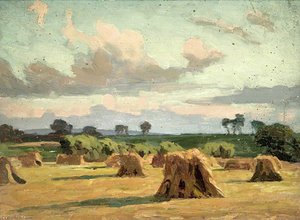 Country Scene With A Field Of Haystacks — Gunning King