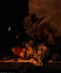 Grapes, Peaches and a Wine Glass on a Ledge