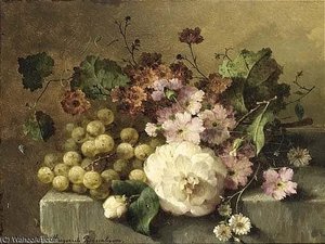 A Still Life With Flowers And Grapes On A Ledge — Margaretha Roosenboom