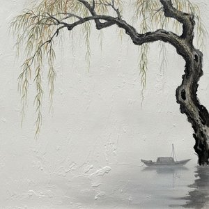 Charcoal Willow Arching Over A Misted Void — Laurent Garnier