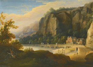 A rocky cove with fisherfolk on the shore, an artist sketching in the foreground