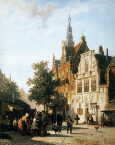 Marketview With Cityhall Woerden — Cornelis Springer, Romanticism