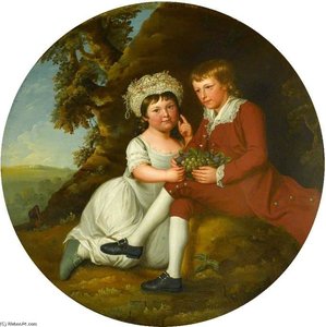 Portrait Of A Boy And A Girl With A Basket Of Fruit In A Landscape